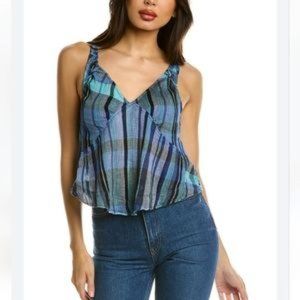 Free People We the Free Blue Plaid Cotton Cami Sleeveless Top Size Med